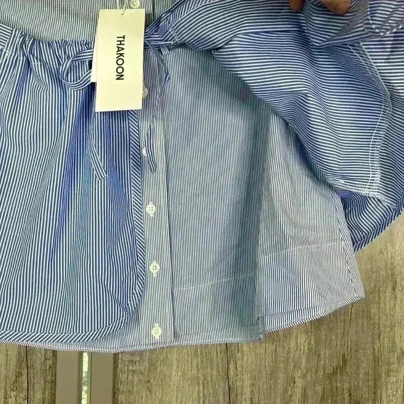 Thakoon Mini Skirt 6 Mini Blue White Stripes Pockets Layered Button Front Cotton - Picture 4 of 8